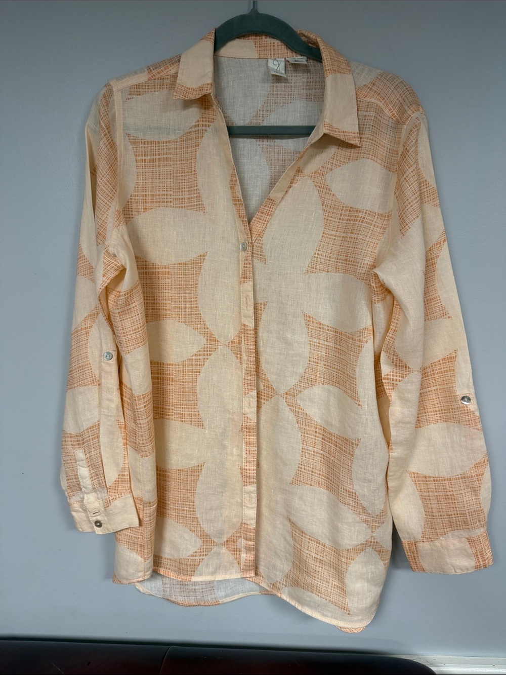 Joie 100% Linen Peach Color Patterned Button Front Collared Shirt Blouse, L